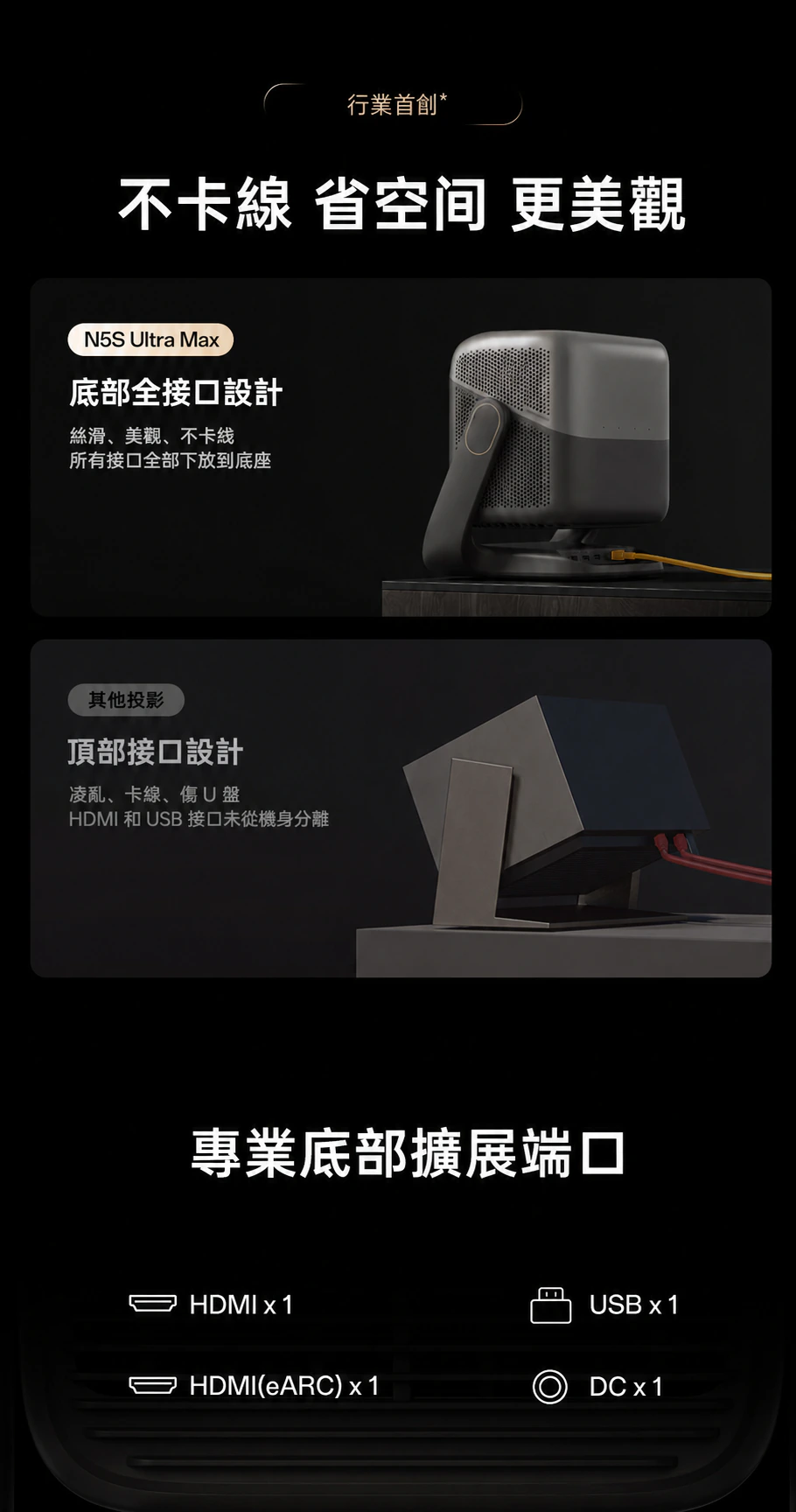 JMGO N5S Ultra Max 底部接口設計及擴展端口