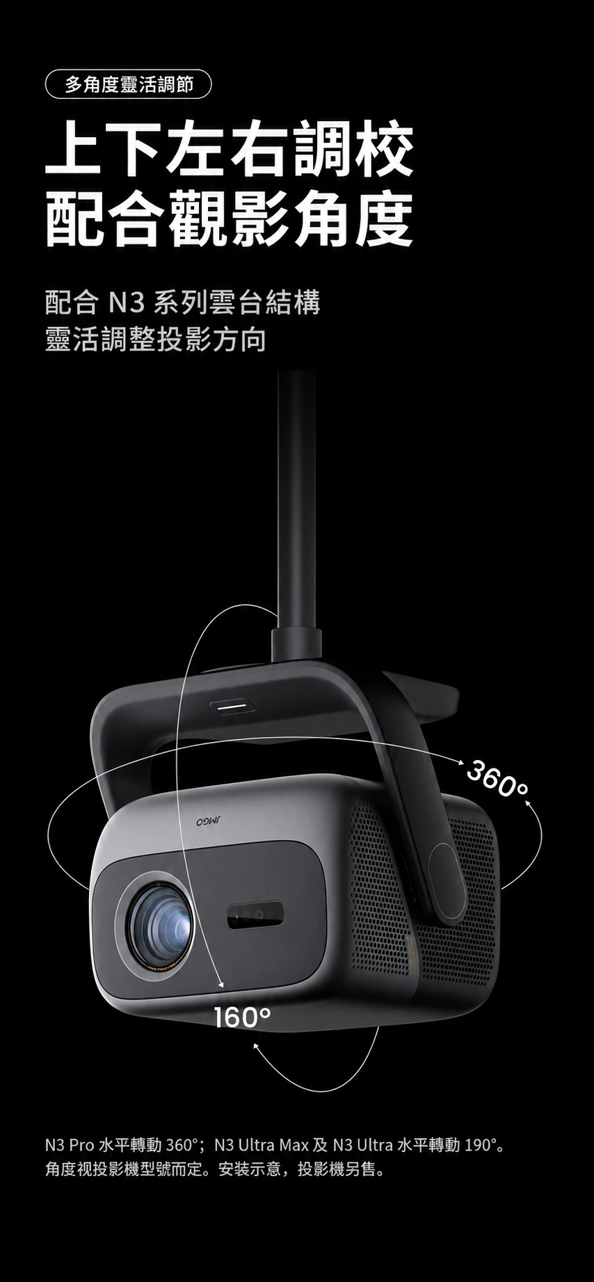配合 JMGO N3 系列雲台調整投影角度,投影機另售