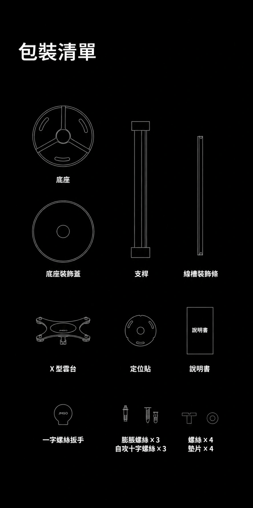 JMGO X 型吊頂支架 J04-7P2 包裝配件清單